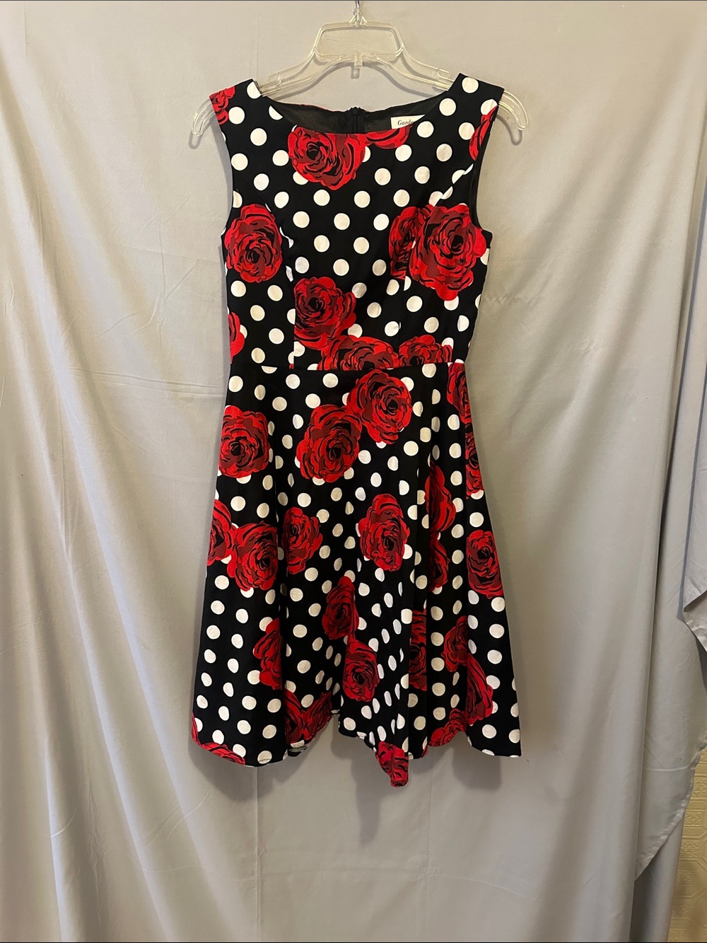 Sleeveless Black Dress with Red Rose & White Polka Dots